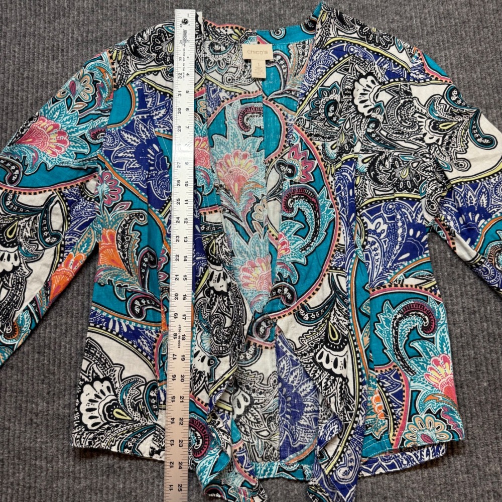 Chico's Paisley Linen Open Front Cardigan Size 8 Boho‎ Drape Lightweight Top - Picture 3 of 10